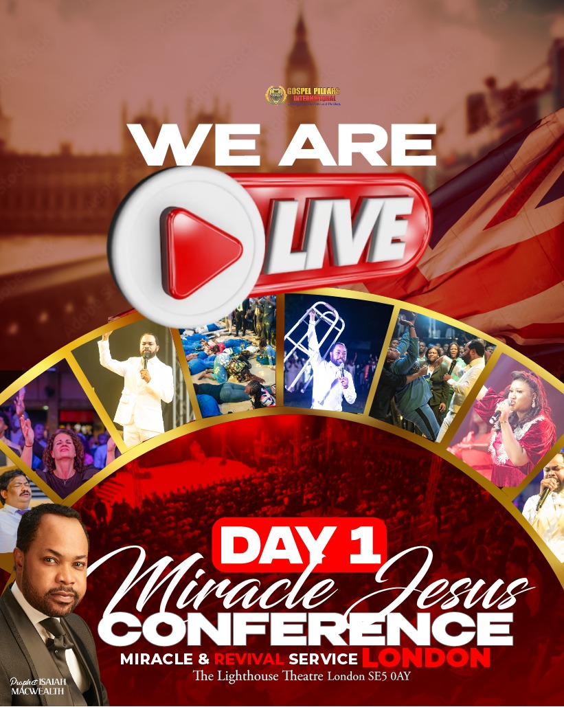 LIVE NOW: DAY 1 - MIRACLE JESUS CONFERENCE (Miracle &amp; Revival Service London) -  with Prophet Isaiah Macwealth - 24th MAY 2024

Click the link below to watch LIVE on:

Youtube
youtu.be/M7ozv9trwcM

Facebook
fb.watch/sgw8YHaZDP/