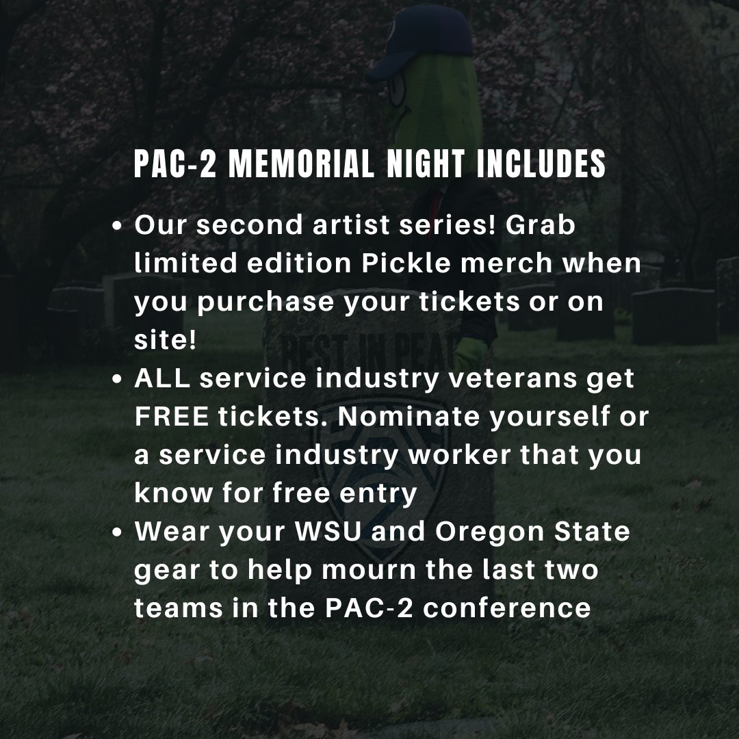 Beavs and Cougs fans alike, drown your sorrows together at Walker Stadium for the official PAC-12 funeral. Don’t cry because it’s over, smile because it happened. Wear your gear! Ticket Link: picklestickets.com/event/portland…