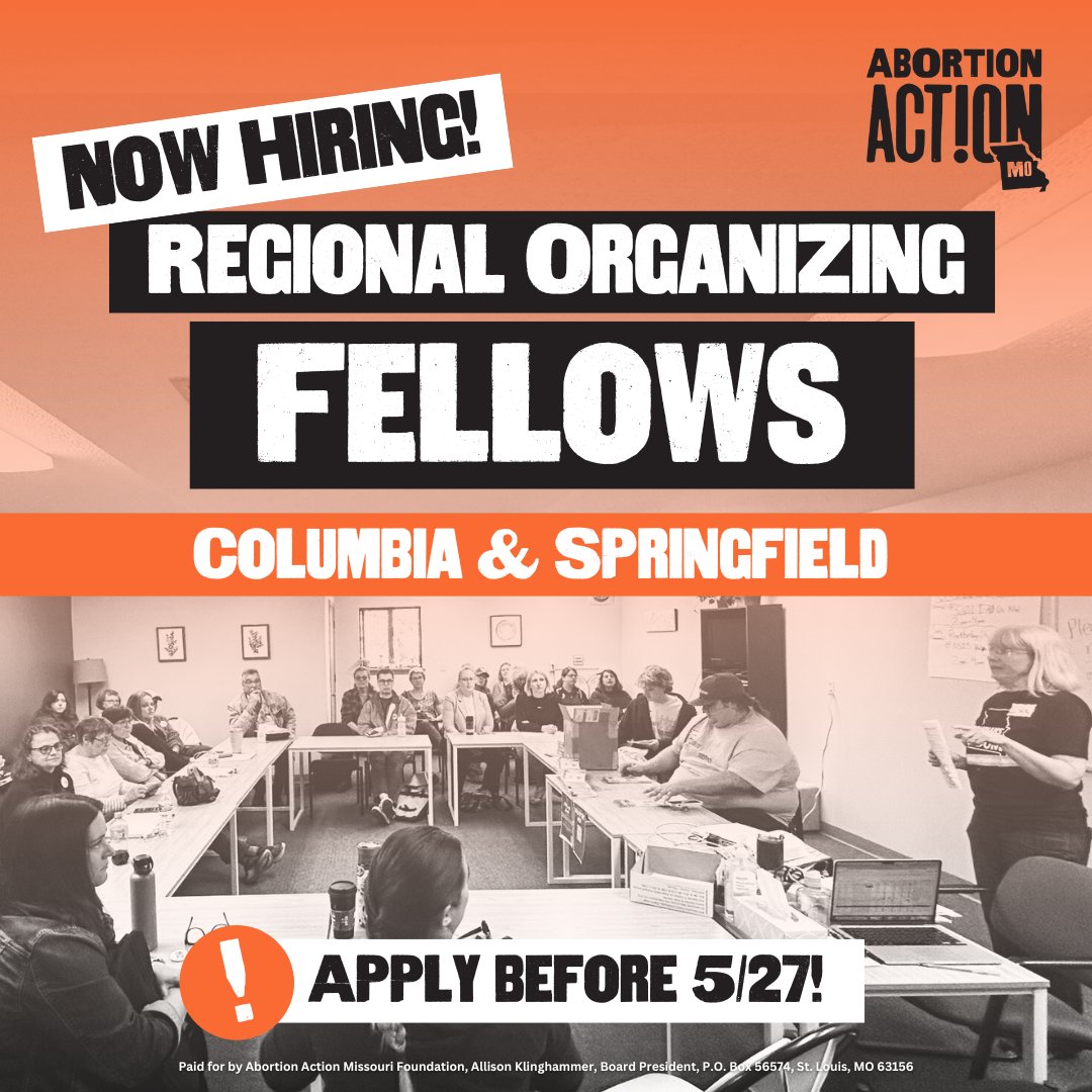 Are you a person who loves getting to know people, wants to organize to end Missouri’s cruel abortion ban and help Missourians unlock their power? If your answer is YES, then apply for our Organizing Fellowship! Deadline is Monday! abortionactionmissouri.org/work-with-us/ #EndTheBanMO