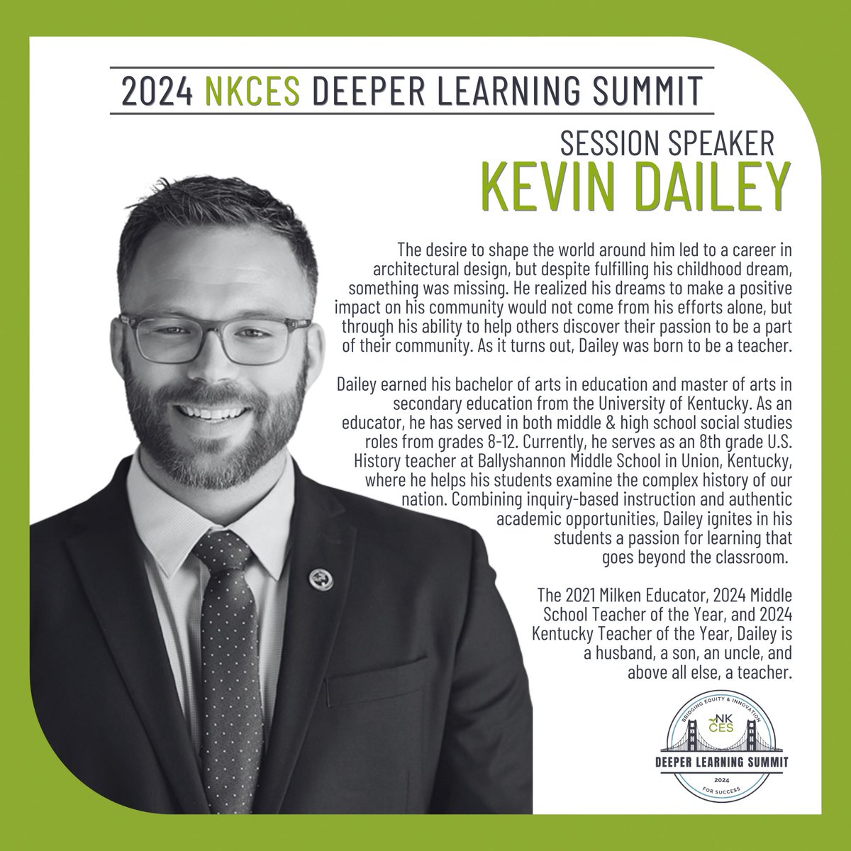 2024 Ky Teacher of the Year Kevin Dailey has traveled the state to find the classrooms where students want to be. Join us at the NKCES Deeper Learning Summit as he shares how to create the (Im)Perfect Classroom! Register at bit.ly/2024NKCESDLSum…
#ConnectGrowServe #NKCESDL2024