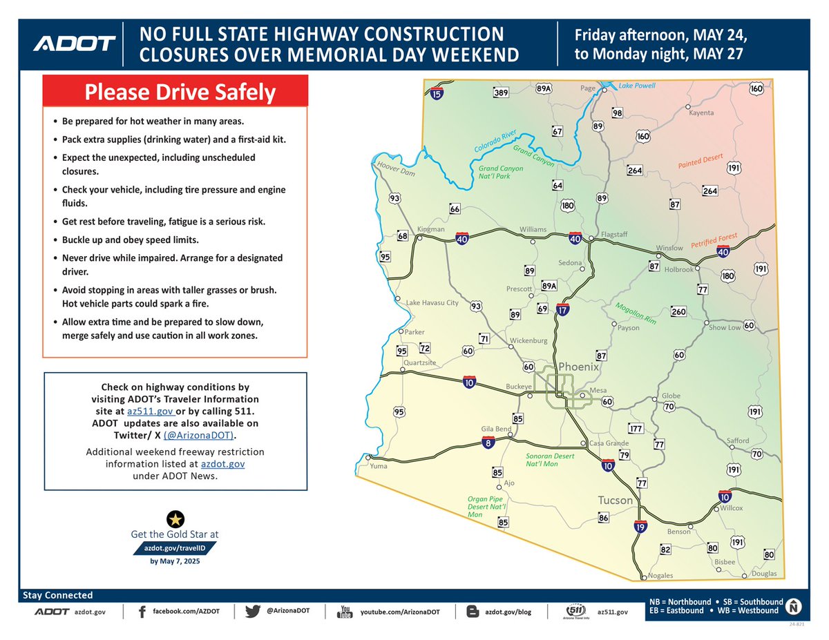 🚗🚚🛵No construction closures are scheduled on state highways over Memorial Day weekend. That said ADOT is focusing on both highway safety and keeping holiday traffic on the move. 🚗🚚🛵 More: bit.ly/44UEh2M