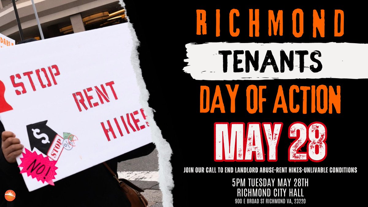 📣It's time to amplify our voices and demand more protections for tenants in Richmond❗ Join us TOMORROW as we mobilize to demand better housing standards and enforcement codes in Richmond! 📅May 28th ⏰5PM 📍Richmond City Hall #RichmondTenantsRights #EnoughIsEnough