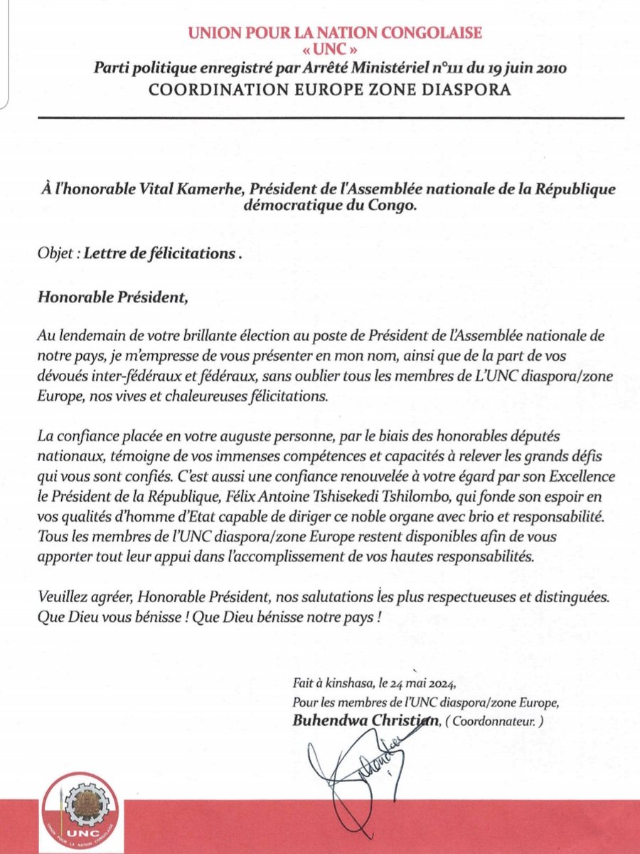 A travers cette correspondance, les membres de UNC Diaspora Zone Europe présentent leurs vives félicitations à l'honorable <a href="/VitalKamerhe1/">Vital Kamerhe</a> pour son élection au poste de président de l'AN.
@Hamidakamerhe
<a href="/BillyKambale1/">Billy Kambale</a> 
<a href="/missenga/">missenga</a> 
<a href="/CBuhendwa/">Christian Buhendwa</a> 
<a href="/Mangwamba97/">Kitumba Papy Raphaël</a> 
<a href="/TibergeM/">Tiberge Musitaba</a> 
<a href="/PanzuYanika/">Yanika Panzu</a>