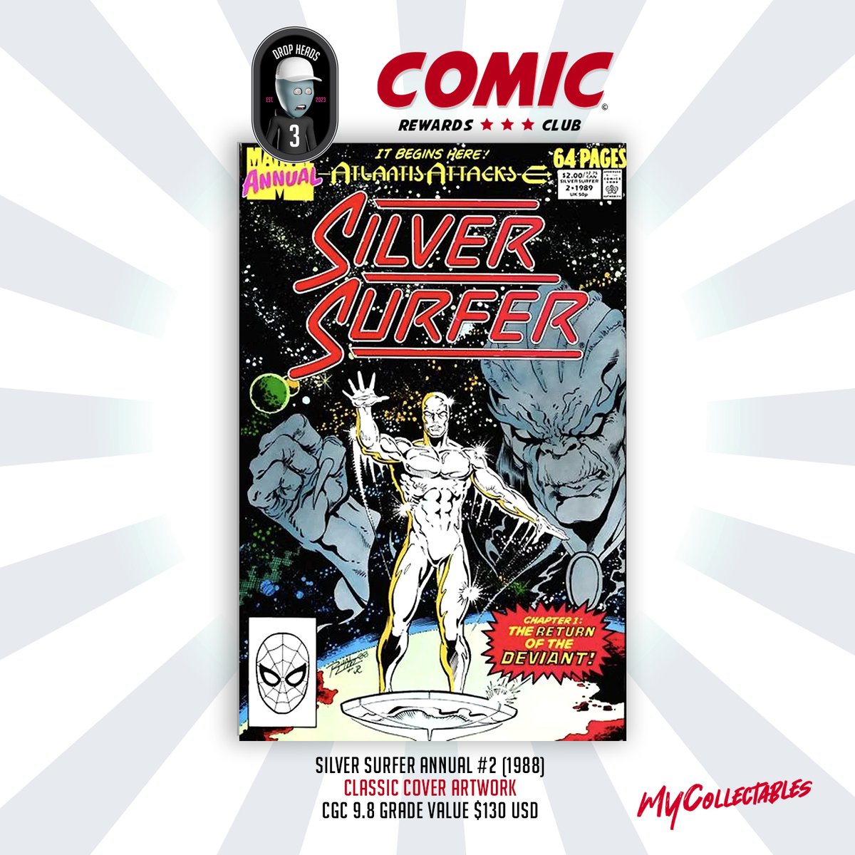 Hey Drop Heads NFT holders! Members Discord GIVEAWAY TIME!! Here is a classic Silver Surfer comic giveaway for Drop Heads holders! SILVER SURFER ANNUAL #2 (1988) Classic Cover Art. Ungraded Raw Copy. CGC 9.8 Value $130 USD! Random winner will be drawn on my Discord! Head on over