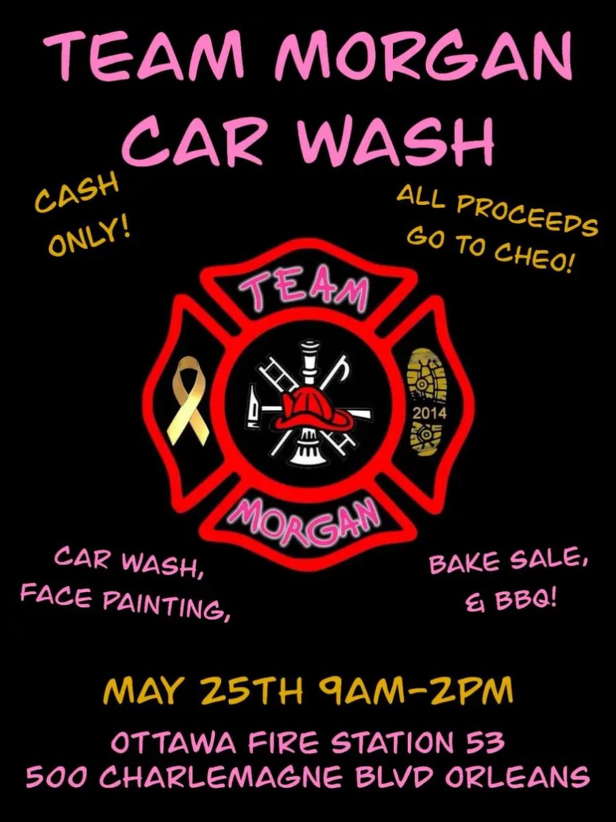 If you're in #Orleans tomorrow consider dropping by Fire Station 53 (9am-2pm) to get your vehicle washed & enjoy the various activities. 'Team Morgan' - a group of Ottawa Professional Firefighters – is running a charity car wash & all proceeds go to @CHEO (cash only event).