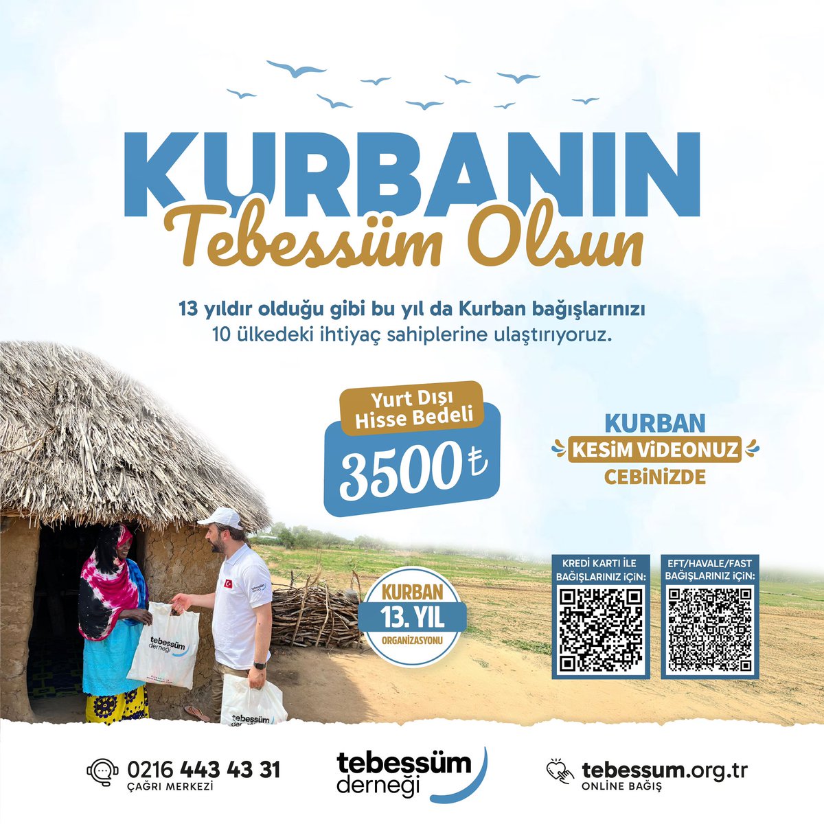 Bu kurban da gönüller fethetmeye, birlik ve beraberliğimizi daha da güçlendirmeye var mısınız? 🐂 Yurt Dışı Hisse Bedeli 3500 TL'dir. 🎥 Kesim videosu ve kesildi SMS’i bağışçılarımıza gönderiliyor. Detaylı bilgi ve bağış için: ☎️ 0216 443 43 31 🌐 tebessum.org.tr