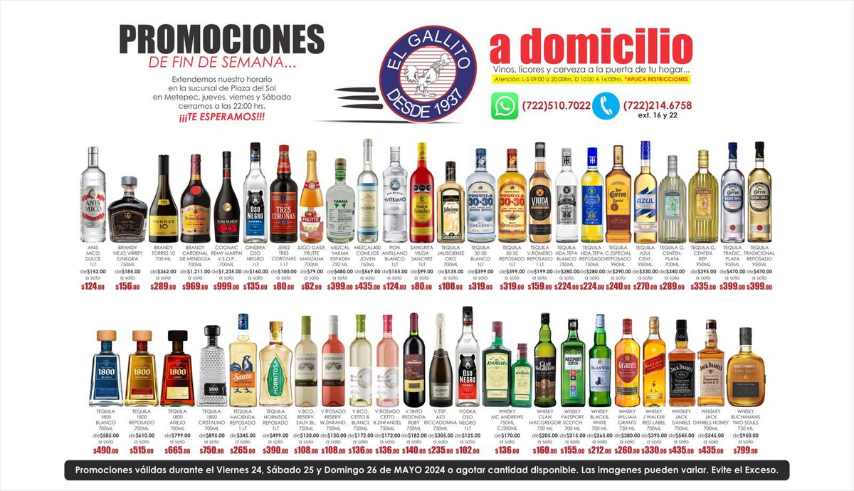 vinoselgallito's tweet photo. ESTE FIN…
#anismico #viejovirrey #torres10 #cardenaldemendoza #remymartin #osonegro #trescoronas #frutte #yakma #400conejos #ronantillano #viudadesanchez #jalisciense #tequila3030 #viudaderomero #haciendadetepa #cuervoespecial #azulcentenario https://t.co/lEjSNJAruS