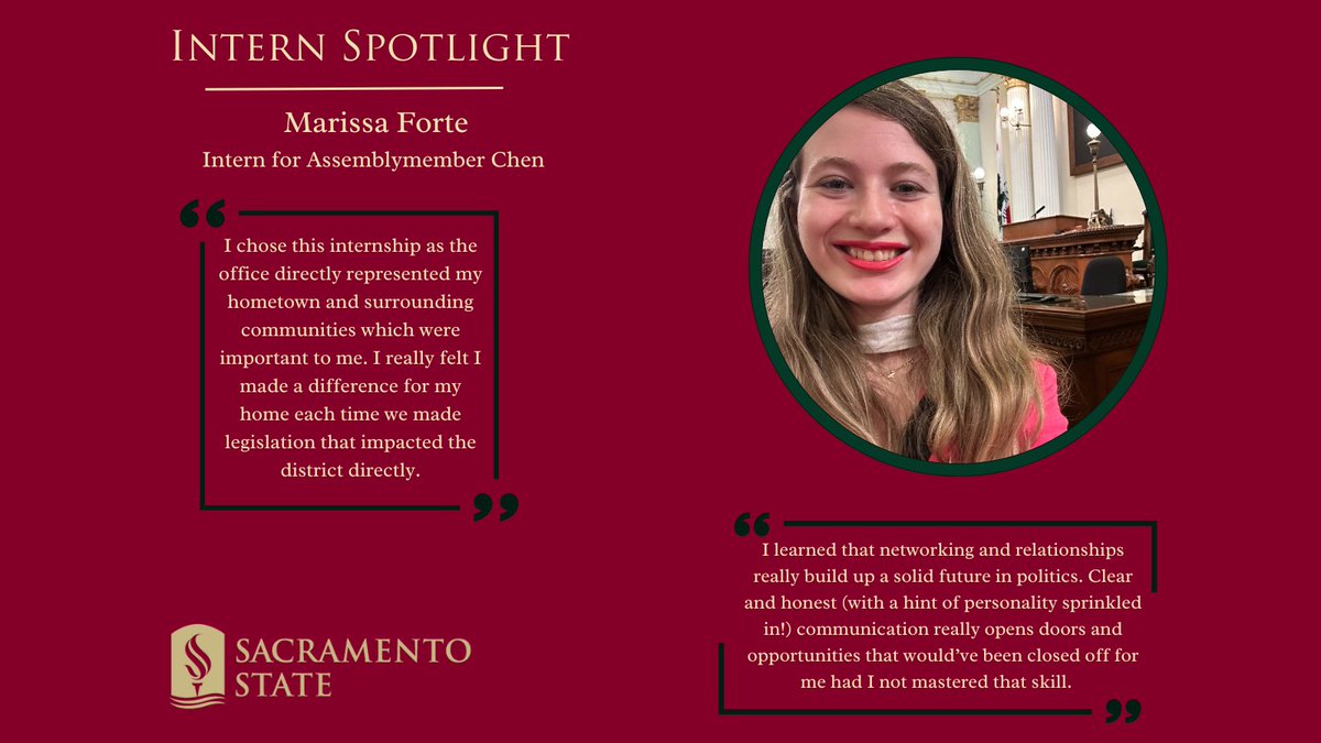 Political Science Internship Student Spotlight!

Meet Marissa Forte, Spring intern for <a href="/PhillipChenCA/">Phillip Chen</a>. Learn more about how rewarding it was for her to serve her own home district this semester. #internships #sacstate #sacsemester