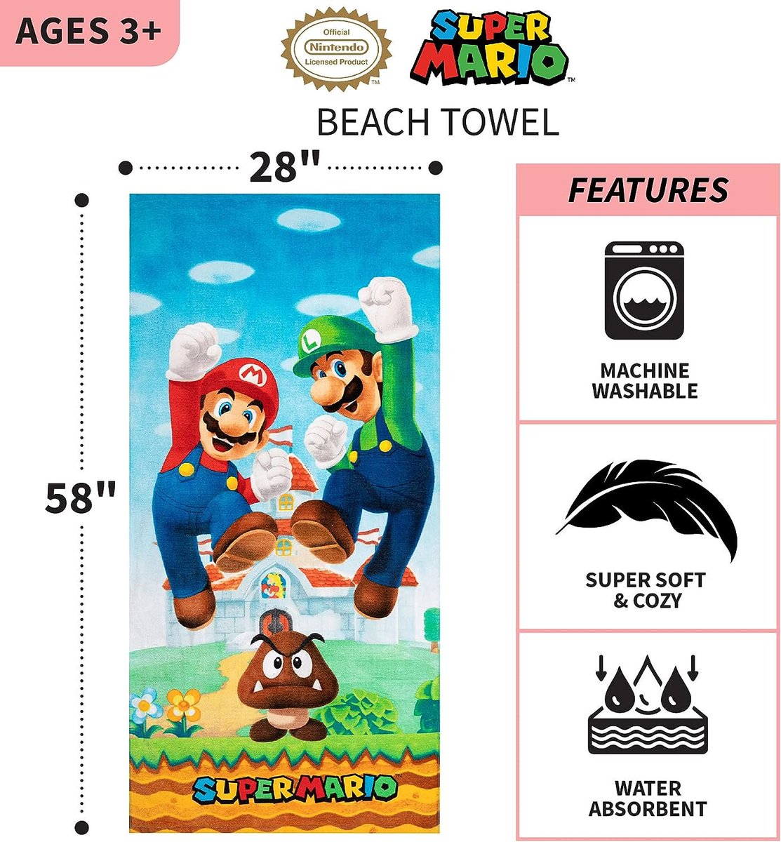 Franco Super Mario 'Official Nintendo' Kids Super Soft Cotton Bath/Pool/Beach Towel, 58 in x 28 in is $9.99 on Amazon amzn.to/3VezuWE #ad