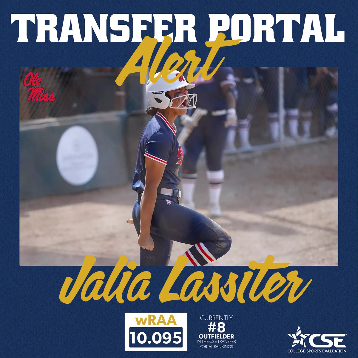 Jalia Lassiter has entered the CSE Transfer Portal Rankings as the #8 Outfielder .314 BA | .459 SLG | 18 SB x All- South Region Second Team Check out more of Jalia's stats and rankings ⬇️ app.cseval.com/transfer-porta… @JaliaLassiter