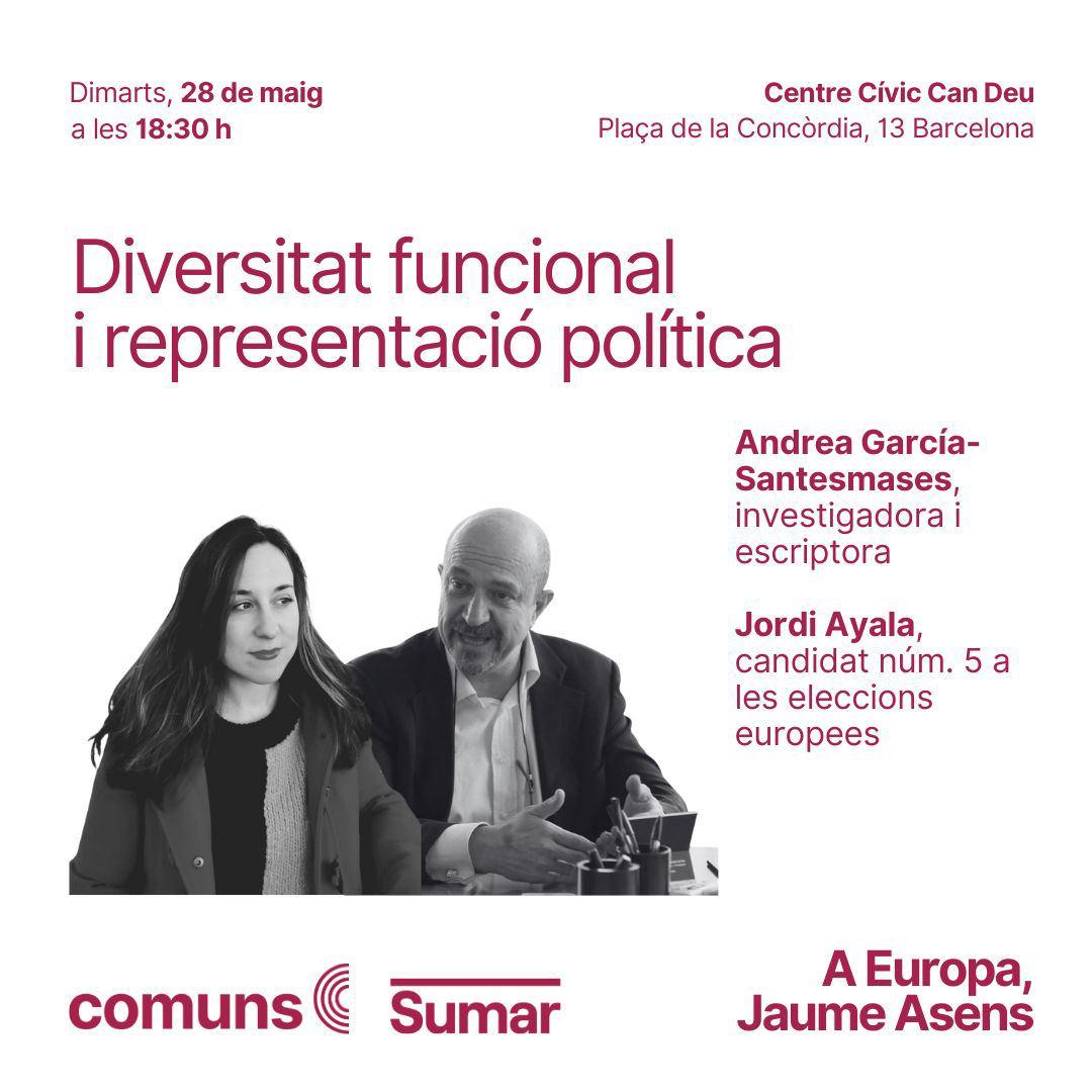 El proper dimarts 28 de maig parlarem de Diversitat funcional i representació política amb @ASantesmases investigadora i escriptora. Us esperem al Centre Cívic Can Deu a les 18:30h Organitzat per @SomComuns
