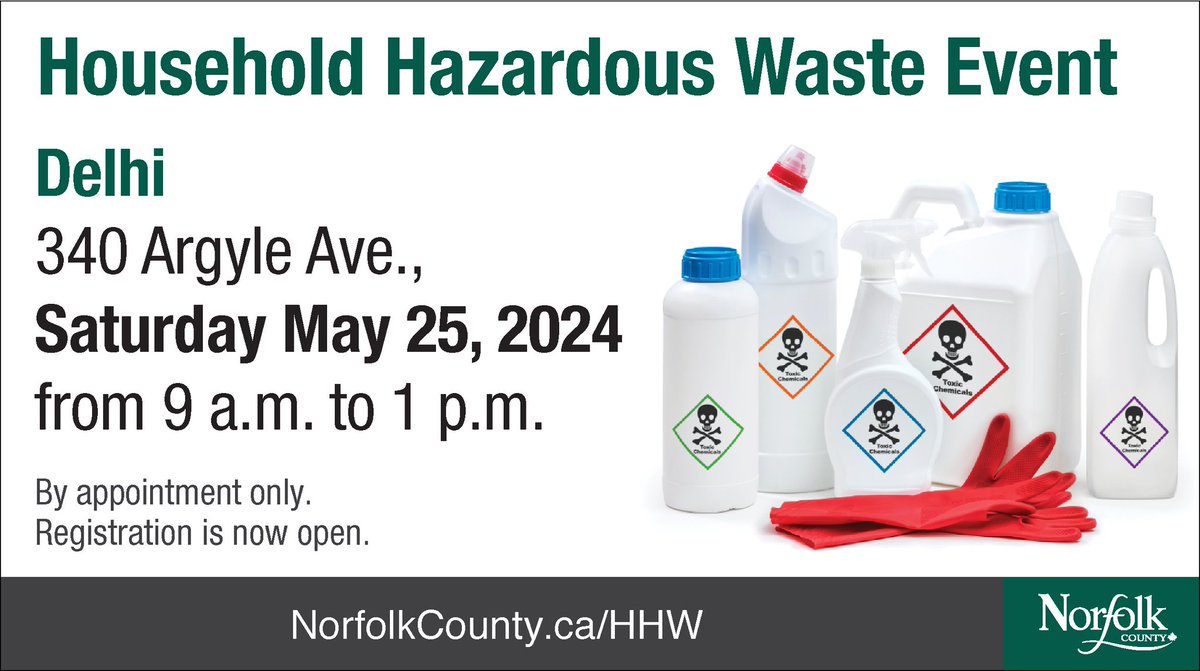 There are still some spots left! ♻️ Norfolk County is offering a Household Hazardous Waste Depot in Delhi on Saturday, May 25. Properly dispose of your car batteries, fertilizer, and glue/cement. To book, visit bit.ly/3UfodEI