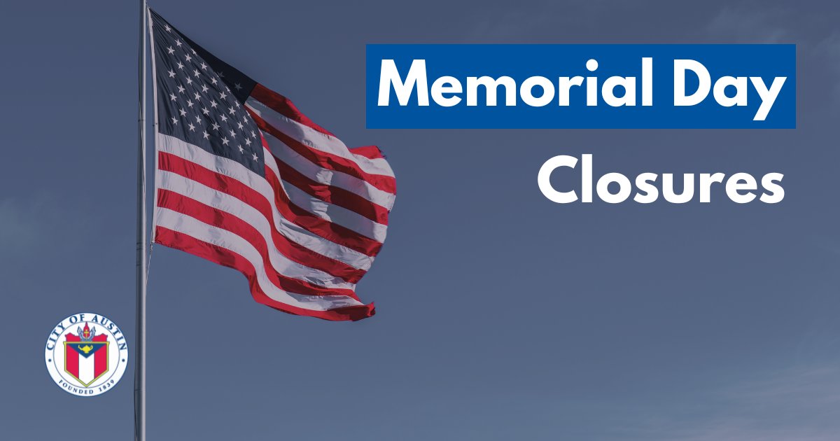 City of Austin (@austintexasgov) on Twitter photo City of Austin administrative offices + other municipal facilities will be closed Monday, May 27 for #MemorialDay. 🇺🇸
For more info including trash + recycling pickup, <a href="/AustinCityParks/">Austin Parks & Rec</a>, <a href="/AustinPublicLib/">Austin Public Library</a>, and @AustinAnimals openings: bit.ly/4btkTML City of Austin administrative offices + other municipal facilities will be closed Monday, May 27 for #MemorialDay. 🇺🇸
For more info including trash + recycling pickup, <a href="/AustinCityParks/">Austin Parks & Rec</a>, <a href="/AustinPublicLib/">Austin Public Library</a>, and @AustinAnimals openings: bit.ly/4btkTML