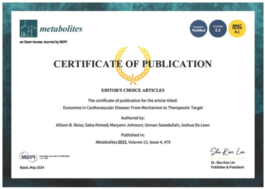 Our #article on #exosomes in #cardiovasculardisease is #Editorschoice! #Freely available to read. Thanks to all #authors. @NYULH_DeptofMed @NYULangoneLI @nyulisom @AFMResearch @MDPIOpenAccess mdpi.com/2218-1989/13/4…