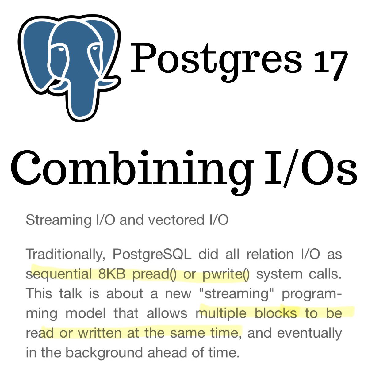 hnasr's tweet photo. This Postgres 17 feature is amazing

You see, postgres like most databases work with fixed size pages. Pretty much everything is in this format, indexes, table data, etc. Those pages are 8K in size, each page will have the rows, or index tuples and a fixed header. The pages are just bytes in files.

For example, to read page 0 you would call read on offset 0 for 8192 bytes, To read page 1 that is another read system call from offset 8193 for 8192, page 7 is offset 57,345 for 8192 and so on. 

If table is 100 pages stored a file, to do a full table scan, we would be making 100 system calls, each system call had an overhead (I talk about all of that in my OS course). 

The enhancement in Postgres 17 is to combine I/Os you can specify how much IO to combine, so technically while possible you can scan that entire table in one system call doesn’t mean its always a good idea of course and Ill talk about that. 

This also seems to included a vectorized I/O, with preadv system call which takes an array of offsets and lengths for random reads.  

The challenge will become how to not read too much, say I’m doing a seq scan to find something, I read page 0 and found it and quit I don’t need to read any more pages. With this feature I might read 10 pages in one I/O and pull all its content, put in shared buffers only to find my result in the first page (essentially wasting disk bandwidth, memory etc) 

It is going to be interesting to balance this out. 

Good work Pg team! More here

https://t.co/YB6kEdNl6A