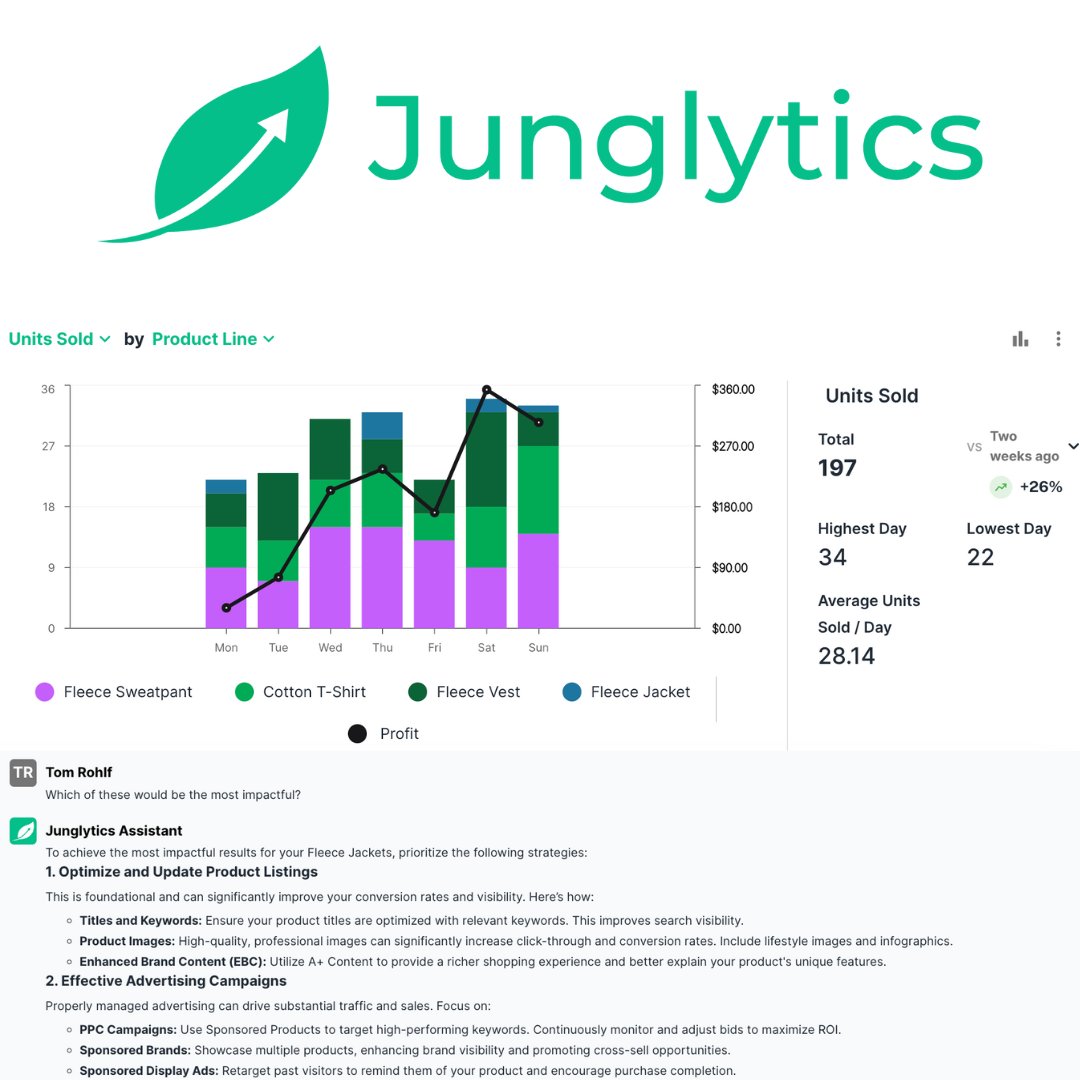 What does Junglytics offer? 1️⃣ Junglytics Assistant: AI answering questions using your Amazon business data 2️⃣ Junglytics Dashboard: Unlimited customizable dashboards 3️⃣ Junglytics Report: Easily download & share your Amazon data. junglytics.com/blog/how-to-us…