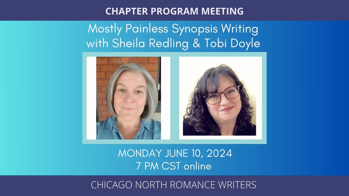 Join us for our June program meeting: Mostly Painless Synopsis Writing with Sheila Redling and Tobi Doyle. Monday June 10, 2024 7 p.m. CST online.
Guests - contact us to virtually visit! #romancewriters #romanceauthor #writers