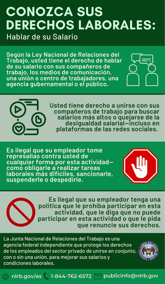 NLRBGC's tweet photo. Whether or not you’re in a union, you have the right to discuss your wages with your coworkers. It’s unlawful for an employer to say otherwise. If you think your rights have been violated, call the NLRB at 1-844-762-6572. https://t.co/upKd0sS1hC