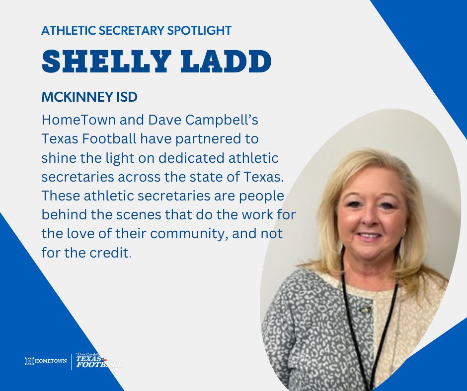 Shelly Ladd of McKinney ISD is up for the @HomeTownTix Athletic Secretary Spotlight Award Winner of the Year! VOTE NOW!! Voting = unlimited until June 5th VOTE: texasfootball.com/athletic-secre... @McKISDAth @mckinneyisd @MBHSFootball @MHSLions @mckinneyschool