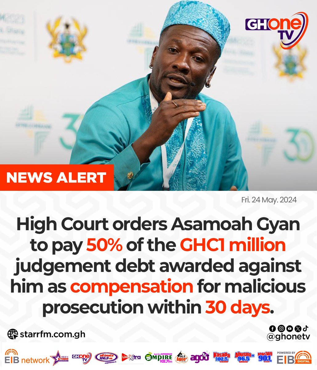 Former Black Stars captain, Asamoah Gyan, has been ordered by the High Court in Accra to pay 50% of the over GHc1 million judgment debt awarded against him as compensation for malicious prosecution within 30 days. This was after the Court presided over by Justice Ernest