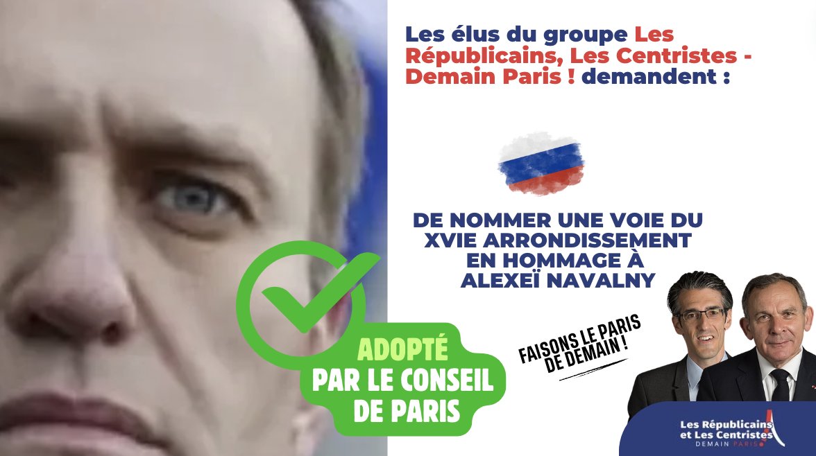 Les RĂ©publicains, Les Centristes - Demain Paris ! (@grpedemainparis) on Twitter photo Le vĆu prĂ©sentĂ© par <a href="/fszpiner/">Francis Szpiner</a> et <a href="/Jeremy_Redler/">JĂ©rĂ©my Redler</a> demandant la nomination dâune voie au nom d'AlexeĂŻ Navalny dans le 16á” arrondissement a Ă©tĂ© adoptĂ© Ă lâunanimitĂ© au #ConseildeParis #Paris Le vĆu prĂ©sentĂ© par <a href="/fszpiner/">Francis Szpiner</a> et <a href="/Jeremy_Redler/">JĂ©rĂ©my Redler</a> demandant la nomination dâune voie au nom d'AlexeĂŻ Navalny dans le 16á” arrondissement a Ă©tĂ© adoptĂ© Ă lâunanimitĂ© au #ConseildeParis #Paris