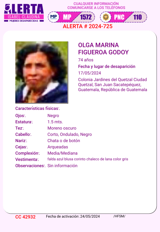 #AlertaIsabelClaudina 📷 Ayúdenos a encontrar OLGA MARINA FIGUEROA GODOY Cualquier información comunicarse al teléfono 📷 1572 Gracias por difundir esta información📷