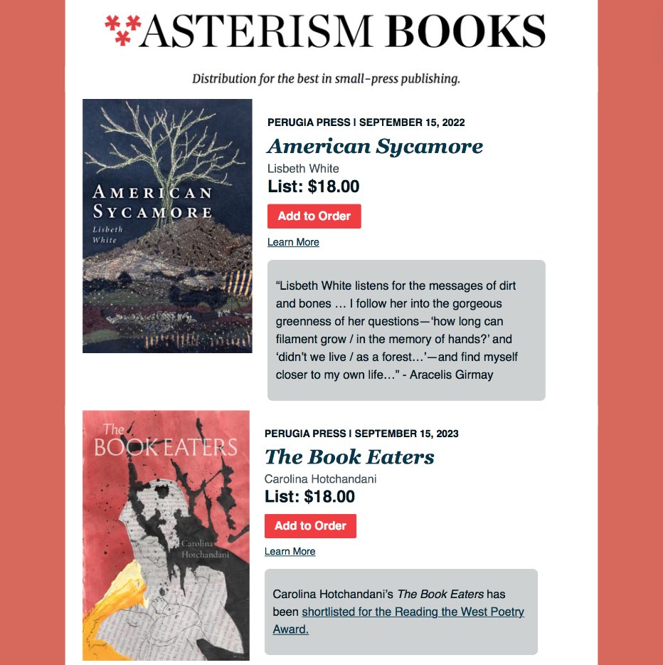 We’re thrilled to be part of the community at Asterism. They’ve highlighted some books from new presses they’ve recently partnered with, incl. Lisbeth White’s AMERICAN SYCAMORE & Carolina Hotchandani’s THE BOOK EATERS. Check out our books at Asterism & on our website in our bio.