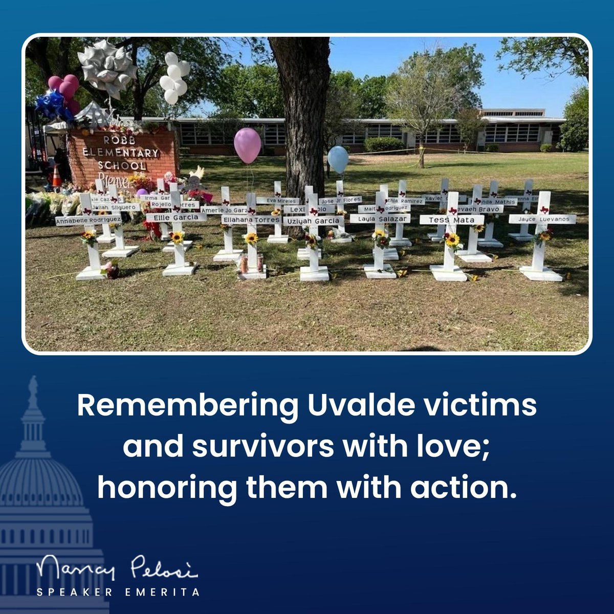 We remember the 19 precious children and 2 teachers murdered two years ago in #Uvalde. We honored victims and survivors by passing the 1st federal gun safety law in 30 years and will do more because no one’s political survival is more important than the survival of our children.