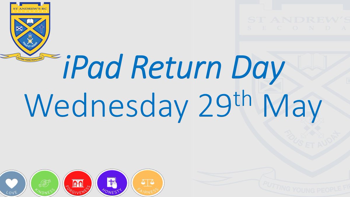 IMPORTANT - iPad Return Day for those young people leaving our school this summer is Wednesday 29th May.  Please ensure device and charger are handed back. @lucylolo84 @NMacLellan1 @SClassof2024 @jenfraser84 👇👇👇