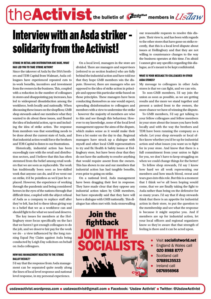 UsdawActivist's tweet image. 🚩🚩🚩New issue of the Activist reporting on strike action by UK retail and distribution workers in Unite members in Morrisons and GMB members in Asda is out now!
👉👉👉You can get the pdf of this issue from the Activist website - usdawactivist.wordpress.com/2024/05/23/act…