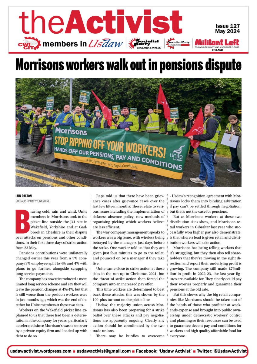 UsdawActivist's tweet image. 🚩🚩🚩New issue of the Activist reporting on strike action by UK retail and distribution workers in Unite members in Morrisons and GMB members in Asda is out now!
👉👉👉You can get the pdf of this issue from the Activist website - usdawactivist.wordpress.com/2024/05/23/act…