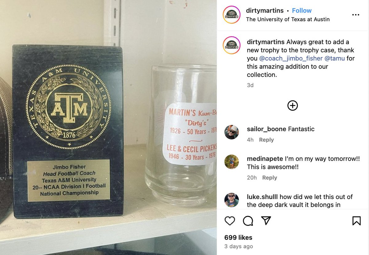 Dirty Martin's, a burger joint in Austin, TX, has acquired Jimbo Fisher's yearless Texas A&M National Championship plaque.