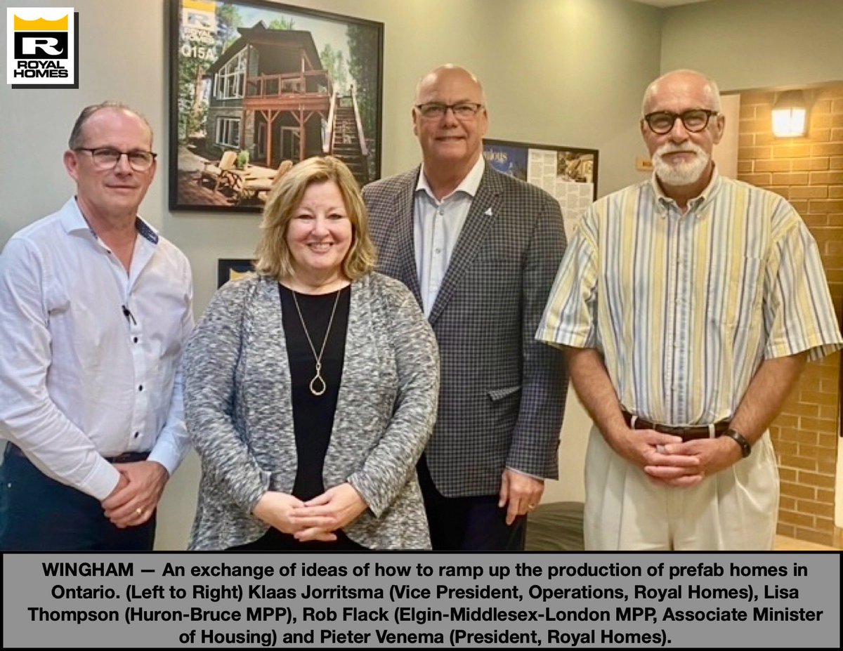 A terrific dialogue at our Wingham plant with Huron-Bruce MPP Lisa Thompson and Elgin-Middlesex-London MPP Rob Flack, the associate minister of housing. There are great opportunities to work together to ramp up high-quality Prefab affordable housing . royalhomes.com/prefab-has-opp…
