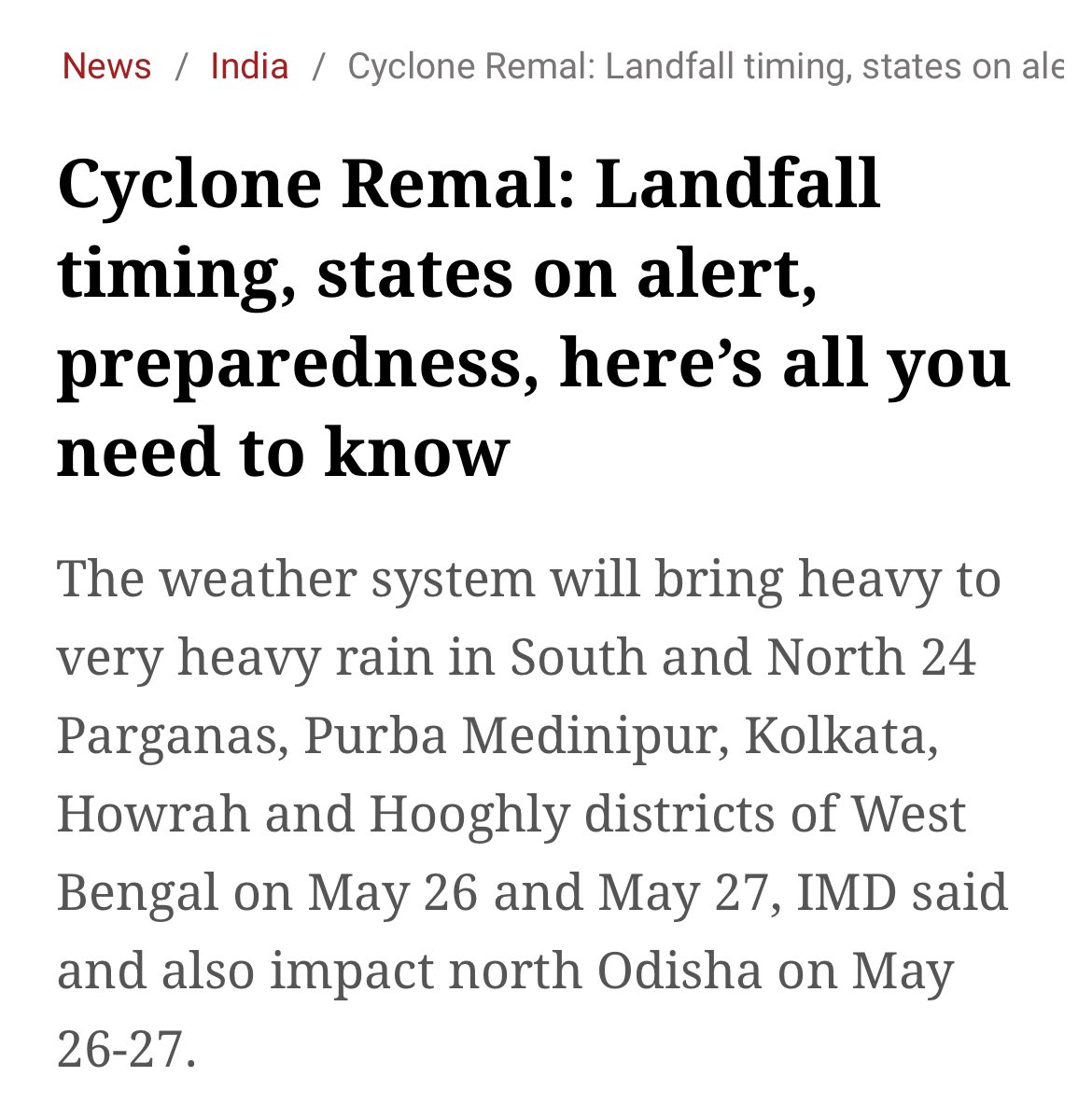 #BreakingNews‌ Cyclone Alert ‼️ 

Cyclone #Remal to make landfall in West Bengal along with the coast regions of Bangladesh on 26th May. 

West Bengal districts under alert 🔔 

• North and South 24 Parganas 
• East Medinipur 
• Kolkata 
• Howrah 
• Hooghly 

The weather