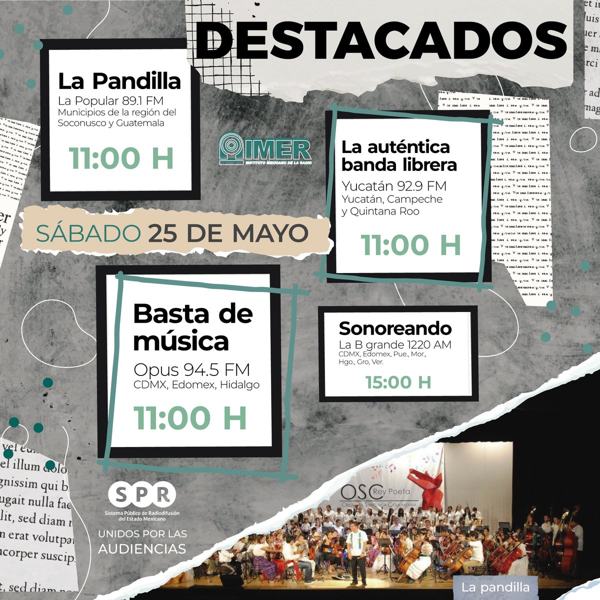 SPRMexico's tweet photo. En esta emisión de #LaPandilla, las y los integrantes del Semillero Orquesta Sinfónica Comunitaria “Rey Poeta" llegan a cautivarnos con su talento🤩
¡No te lo pierdas!
🗓️25 de mayo⏰11:00hrs en @LaPopular_imer, una emisora del @imerhoy por el📻#891FM
#UnidosPorLasAudiencias https://t.co/WTsNdVtFBz