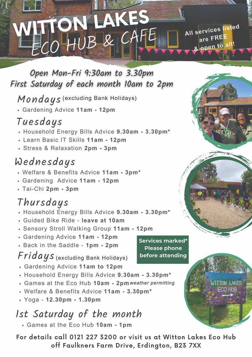 Come & enjoy our FREE activities at Witton Lakes Eco Hub this week. ☺️Stress & Relaxation 🚶‍♂️ Sensory Strolling Group 🌳 Tai-Chi 🚴‍♀️ Cycling 🌱 Gardening 🧘‍♀️ Yoga 🏓 Table Tennis 🎲 Games & more.. Check out our What's On Flyer for details. 👇 📍 Off Faulkner's Farm Drive, B23 7XX