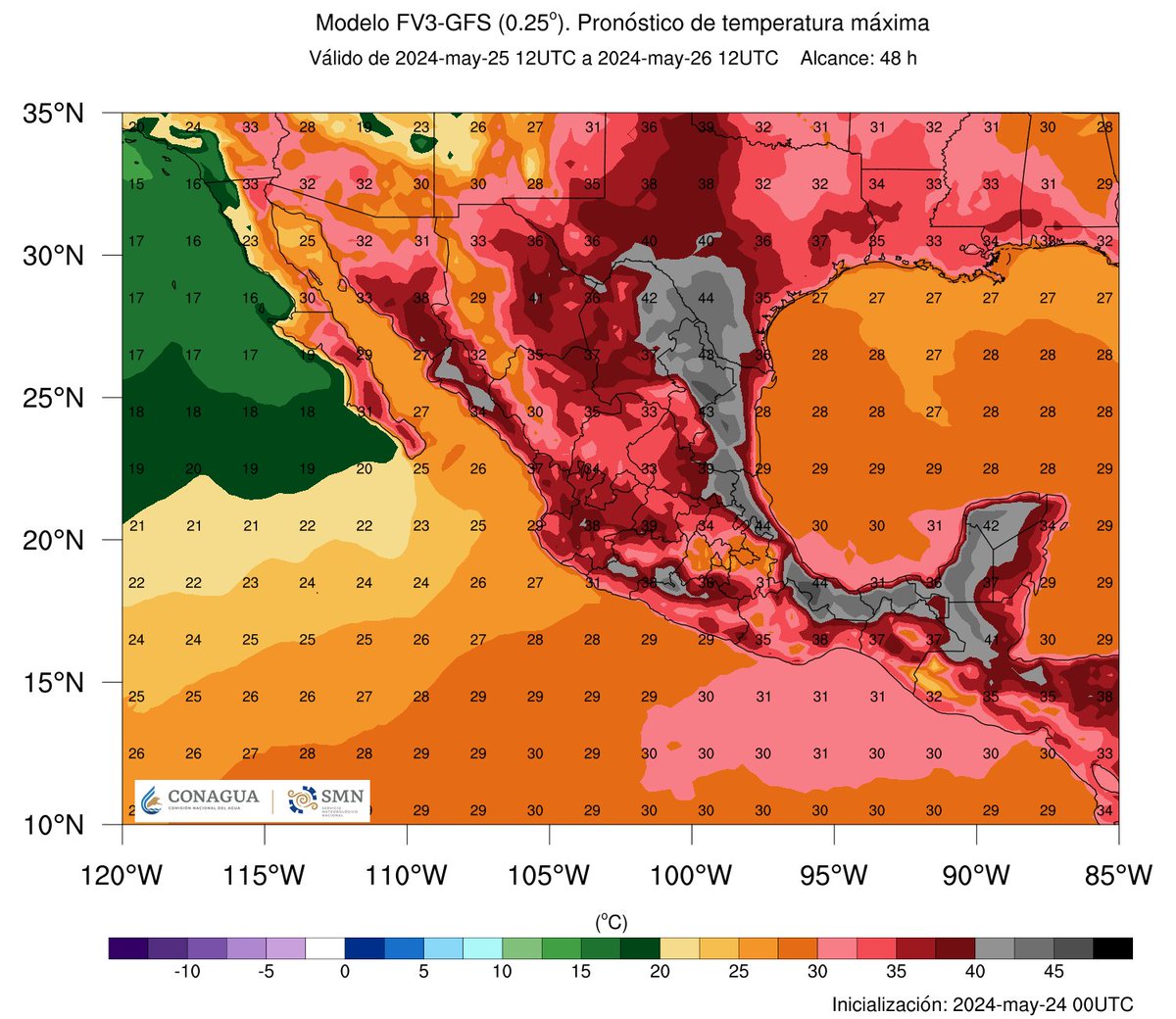 Para el sábado temperaturas máximas de 43-45°C en regiones de #NuevoLeón #Tamaulipas #SanLuisPotosí #Veracruz de 40-43°C #Tabasco #Campeche #Yucatán #Coahuila #Chiapas #Oaxaca #Guerrero #Michoacán y #Sinaloa