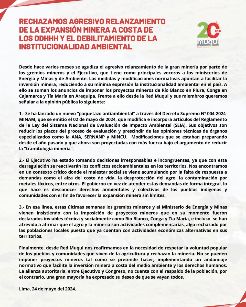 #Pronunciamiento: Red Muqui rechaza el relanzamiento de la expansión minera a costa de los DDHH y el debilitamiento de la institucionalidad ambiental. A ello se suman los anuncios del régimen de #DinaBoluarte de imponer proyectos sin licencia social: Conga, Río Blanco y Tía María