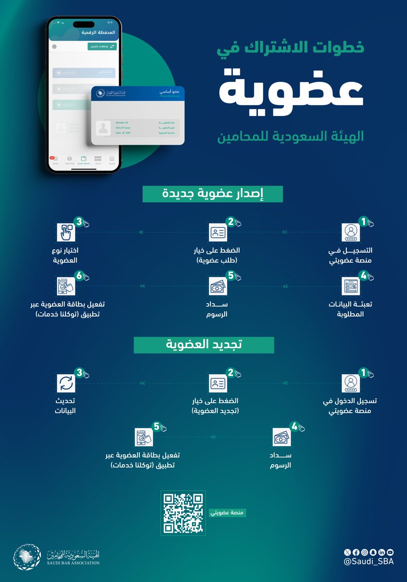 بخطوات بسيطة، يمكنك الاشتراك في عضوية #الهيئة_السعودية_للمحامين

انضم الآن؛ وكن جزءًا من نهضة القطاع:
🔗 eservice.sba.gov.sa