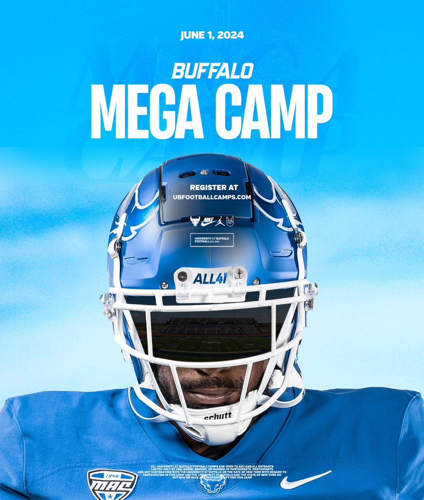 The Buffalo Mega Camp 🤘 🏆 Saturday June 1 • 12pm - 5pm 📍University 𝘼𝙏 𝘽𝙐𝙁𝙁𝘼𝙇𝙊 🏈 Over 30 colleges in attendance! 🦬 Visit our City, campus, work with our staff, see our facilities & more! Register today: ubfootballcamps.com College coaches: