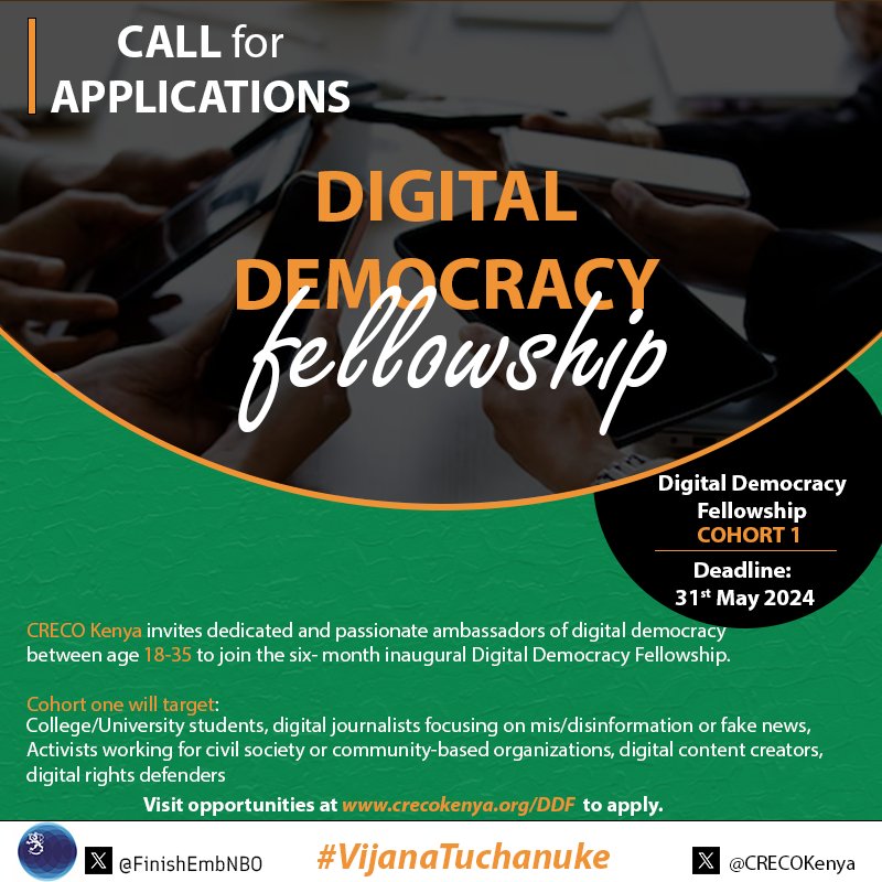 Young persons with disabilities who meet the requirements are encouraged to apply for the Digital Democracy Fellowship. Please INCLUDE that you have a disability when stating your motivation/interest. Application deadline is 31st May. For more info crecokenya.org/ddf/