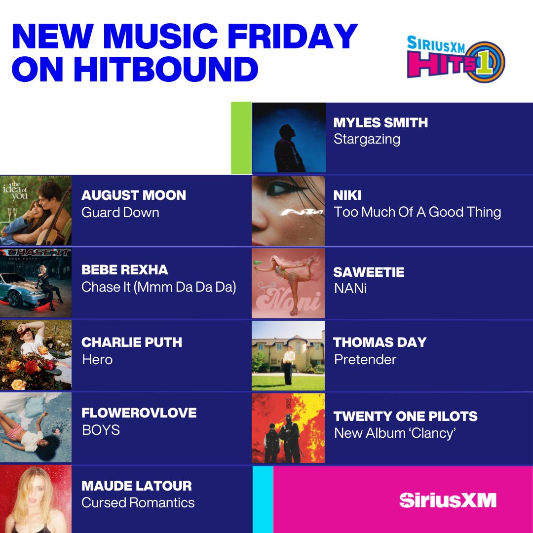SiriusXMHits1's tweet photo. It's New Music Fri-Yay! Here's what's new to #hitbound 🤭 https://t.co/x9BdFW5P1s https://t.co/MSKcuWhw7R
