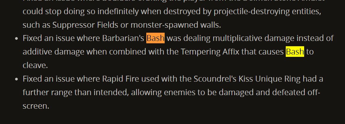New Patch notes for #DiabloIV just released. Really don't understand the reasoning behind the Bash Barb 'bug fix'...

We played this cool new Barb Build on the PTR for days.. Now people are having a blast with it in the live game & suddenly it is a bug? Players spent a ton of