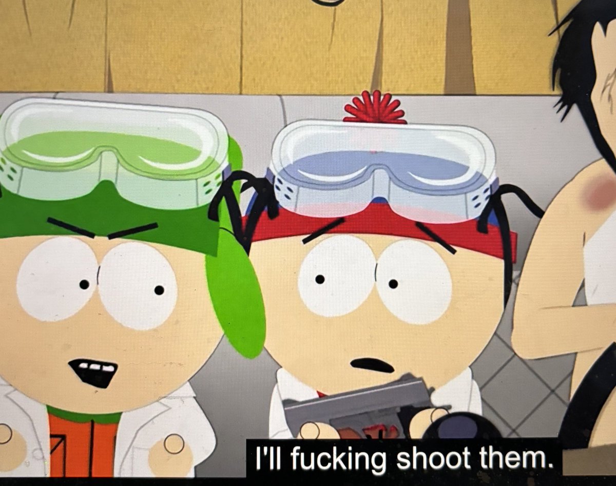 agitatedapple's tweet photo. never gonna stop thinking about this. THE boyfriends. THEYRE SO ARGHHHH #spspoilers #spstyle #styletwt #southpark
Stan: No! I can't shoot anyone!
Kyle: I FUCKING WILL 🔫🔫🔫 https://t.co/FA0v46kWC5