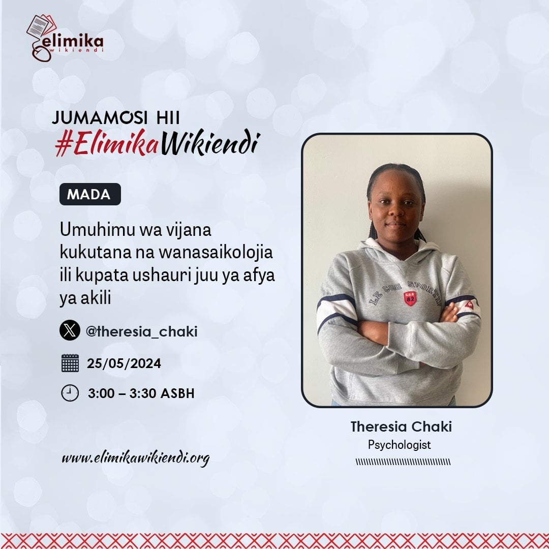 Changamoto za Afya ya Akili humpata kila mtu mara kwa mara Jumamosi hii kwenye jukwaa la #ElimikaWikiendi @ElimikaWikiendi wametuletea @theresia_chaki tujifunze umuhimu wa kukutana na wanasaikolojia mara kwa mara. Hakikisha hukosi hii 🤝🤝