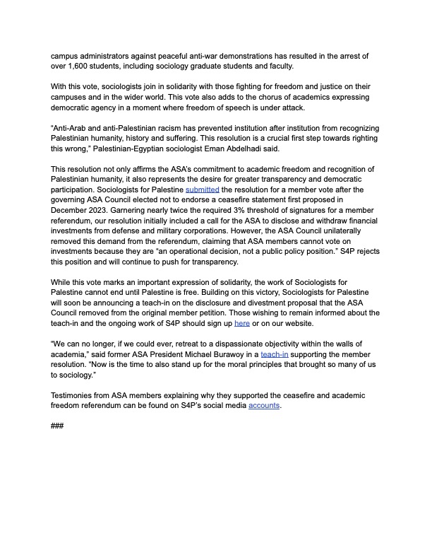 The passing of the @ASAnews Resolution for Justice in Palestine, calling for an immediate & permanent ceasefire in Gaza and supporting academic freedom, including for those speaking out against Zionist occupation, is a historic moment. You can read our press release here: