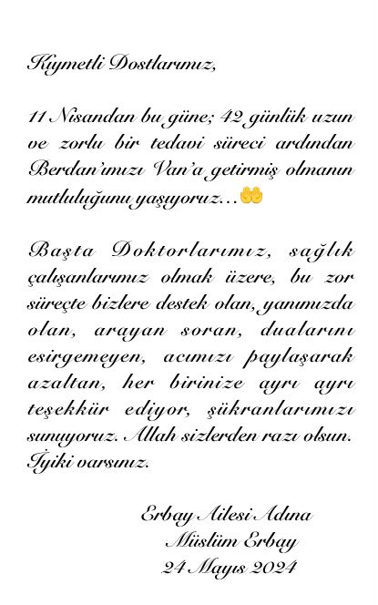 MuslumErbayy's tweet photo. Kıymetli Dostlarımız,

42 günlük uzun ve zorlu bir tedavi süreci ardından #Berdan’ımızı #Van’a getirmiş bulunmaktayız. Hamdolsun mutluyuz🤲

Bu zor süreçte yanımızda olan her birinize ayrı ayrı teşekkür ediyor, şükranlarımızı sunuyoruz. Allah sizlerden razı olsun. İyiki varsınız. https://t.co/yOI77QG3kB
