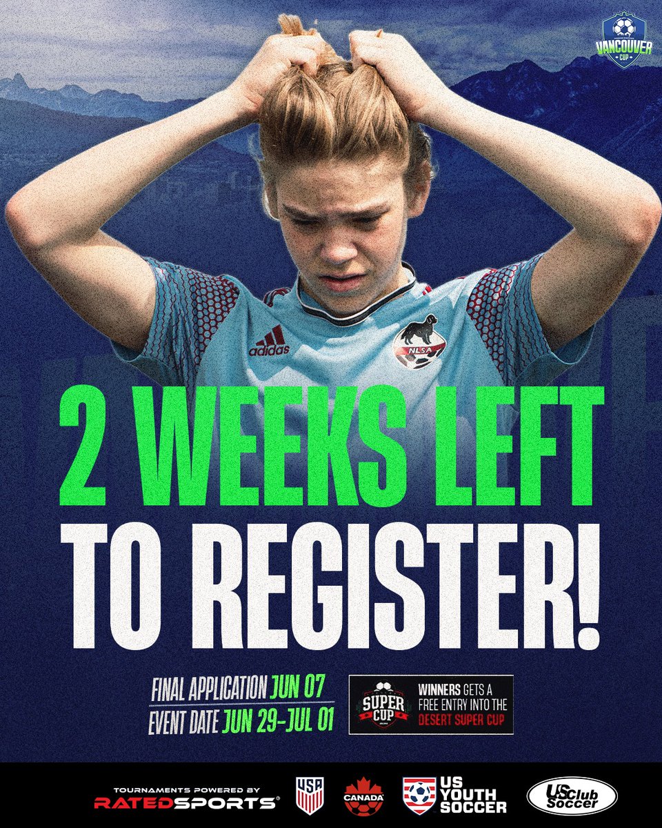 VANCOUVER! 🌊

There are two weeks left to register your squad! ⏳

Visit the link in our bio to learn more! 🔗

#ratedsportsgroup #usys #vancup #usclubsoccer #usyouthsoccer