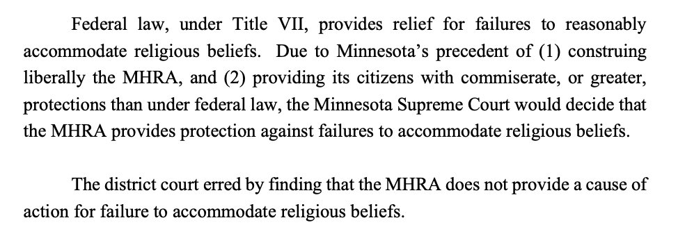 Breaking...the Eighth Circuit Court of Appeals held that the Mayo Clinic in MN violated the religious rights of its employees when refusing to accommodate their views pertaining to the COVID mandate w drugs/tests and the federal district court erred in dismissing their claims.