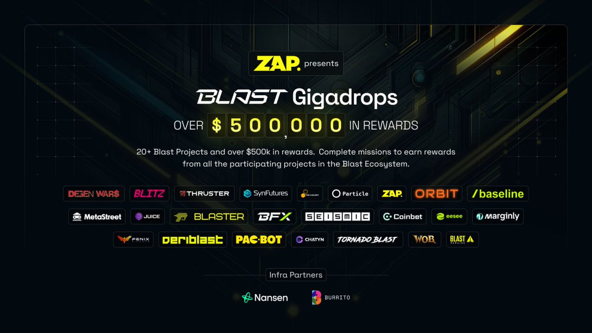 ⚡ ZAP PRESENTS: @BLAST_L2 GIGADROPS ⚡ 20+ Projects, $500K+ in rewards across 3 Chapters on ZAP Drops. 🔥 Starting 27 May and lasting approximately 5 weeks, ZAP users will be able to complete missions to support their favorite Blast projects and secure part of a massive $500K+